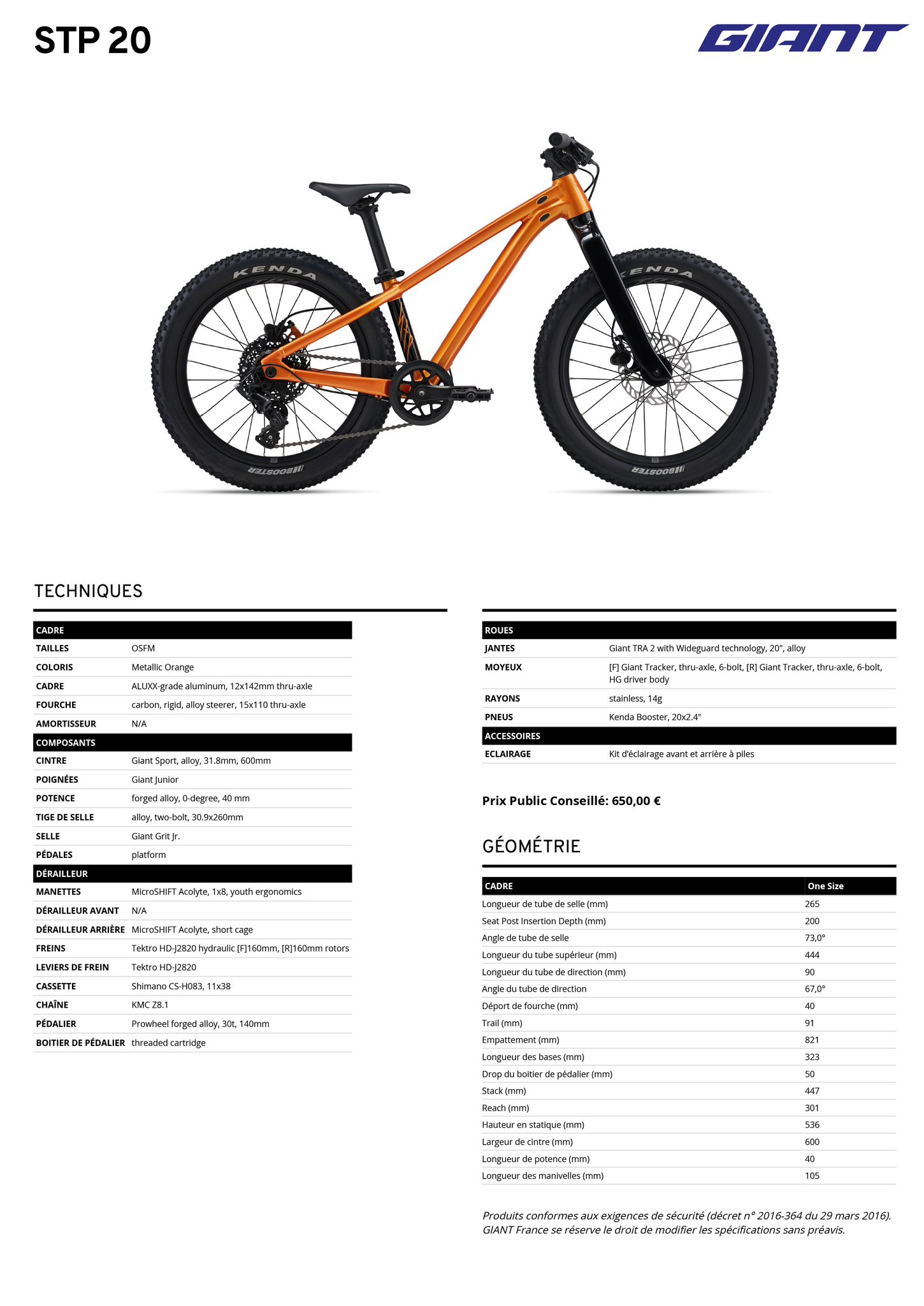 Fiche technique du velo STP 20 année 2026